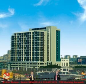 Modern multi-story beige apartment building with teal vertical stripe under a blue sky; foreground shows a real estate banner with two men in suits and contact text.