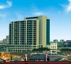 Tall modern apartment building under a blue sky, with a real estate ad banner and two men in suits at the bottom.