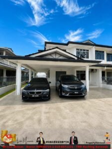 Two black vehicles—a BMW sedan and a Honda SUV—parked under a white carport in front of a two-story house on a sunny day with a blue sky.