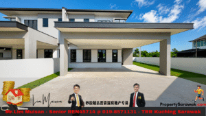 Modern two-story house with a large carport, white/gray exterior, under a bright blue sky; bottom ad banner shows two agents and PropertySarawak text.