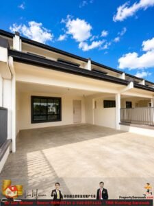 Open carport of a modern beige building, with a large window and a door, blue sky above.