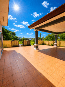 Sunny outdoor patio with peach tiles, a covered area supported by gray columns, and a view of a fenced yard beyond.