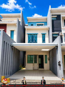Row of modern townhouses with gray walls, blue accents, and a shaded entrance beneath a blue sky; a real estate banner runs along the bottom.