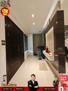 Interior hallway with glossy white floor, dark wood doors on the left, and a modern built-in shelf with decor; 'FOR SALE' banner at bottom.