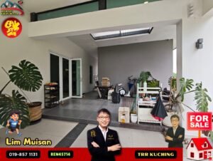 Outdoor covered patio scene with potted plants and assorted household items; real estate ad overlays show a smiling agent, a bold 'FOR SALE' badge, and contact/branding for TRR Kuching.