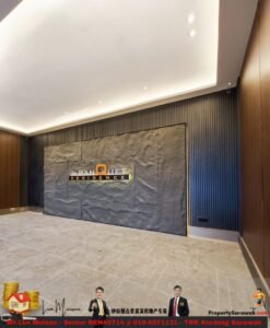 Hotel-style lobby reception with a stone panel wall displaying 'Banquet Residence' branding at center.