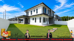 Modern two-story white and gray house with a green lawn and white boundary wall; ad banner across bottom.