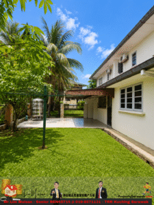 Residential backyard: green lawn, palm trees, tiled patio, and a white two-story house with air conditioners on the wall.