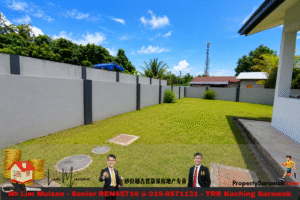 A spacious grassy backyard with tall gray privacy walls, blue sky, and a few palm trees; storefront ads and two men in suits at the bottom of the frame.