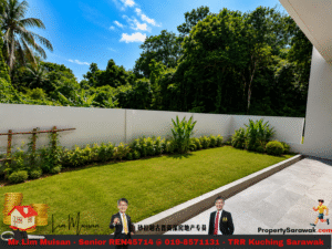 Bright backyard with a green lawn, white privacy wall, and tropical plants under a blue sky.