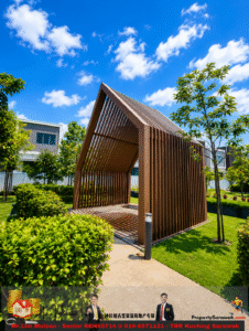 Brown slatted wooden pergola arch in a green, sunny garden under a bright blue sky with scattered clouds, providing a shaded walkway area.