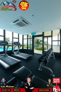 Gym interior with two treadmills and a dumbbell rack, large windows, and promotional ad graphics along the top and bottom.