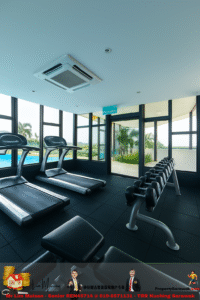 Fitness gym interior with two treadmills and a dumbbell rack by large windows facing outdoors.