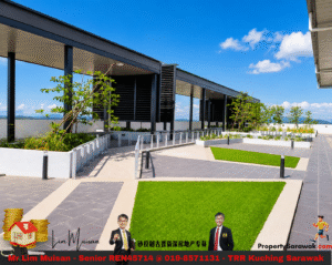 Rooftop terrace with shaded walkways, planter boxes with young trees, and a bright blue sky; a banner with real estate agents and contact info runs along the bottom.