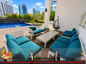 Outdoor rooftop lounge with a blue-tiled pool, white seating and teal cushions, and a hanging egg chair against a city skyline.