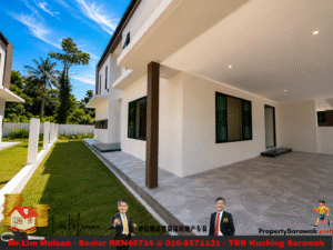 Modern white two-story house with a covered patio, large windows, a gray tiled terrace, and a green lawn.
