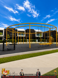 Outdoor fitness park with yellow exercise frames on a black safety surface, blue sky overhead and modern townhouses in the background.