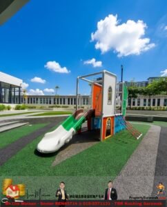 Colorful modular playground structure with slides and climbing elements on green and gray turf in a sunny courtyard.
