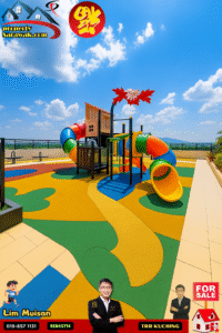 Colorful rooftop playground with twisting tube slides on bright patterned flooring, branded with propertysarawak.com and sale ads in the corners, under a blue sky.