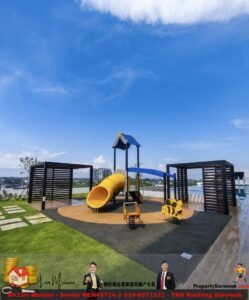 Sunny rooftop playground with a yellow tunnel slide, bee-shaped rocker, and dark wooden pergolas under a bright blue sky.