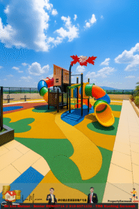 Colorful playground with interconnected slides on a bright patterned rubber surface under a blue sky with scattered clouds and a railing in the background.