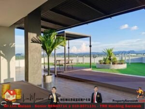 Rooftop terrace with wooden deck, palm trees, a shaded seating area, and a distant mountain view; promotional banner text at bottom.