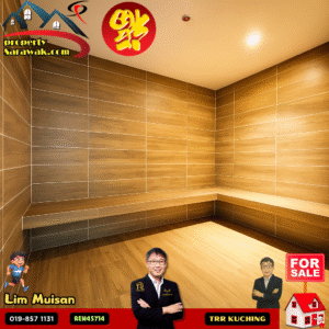 Wood-paneled sauna interior with two-tier benches; real estate listing overlays including a FOR SALE graphic and agent images at the bottom.