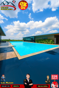 Luxurious outdoor swimming pool beside a modern glass-walled building under a bright, cloudy sky; promotional branding overlays at the top and bottom edges.