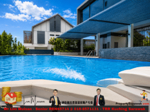 Outdoor resort-style swimming pool with modern white buildings, blue glass canopy, and clear sky; promotional banner with agents and contact info at the bottom.