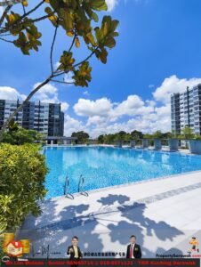 Outdoor residential pool area with modern apartment buildings, blue water, and a clear blue sky; tree branches frame the scene.