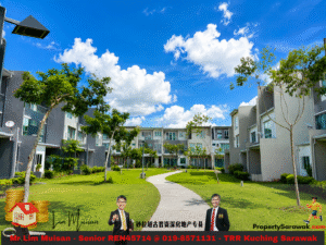 Modern apartment courtyard with a curved walkway, green lawn, and trees under a bright blue sky; bottom banner shows real estate ads with two men in suits.