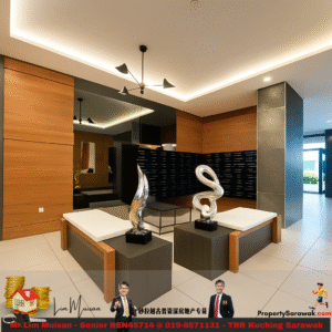 Modern hotel lobby with white cushioned benches, dark wood panels, and abstract metal sculptures on pedestals.