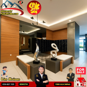 Contemporary showroom living area with wood panel walls, two benches with white cushions, abstract metal sculptures on pedestals, and promotional 'FOR SALE' graphics.