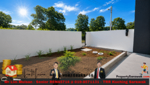 Outdoor empty garden plot with young plants, white boundary walls, and a clear blue sky; promotional banners and two men in suits edited into the foreground.
