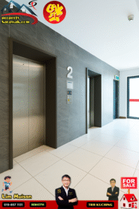 Interior hallway with gray tiled wall and two elevator doors on the left, a large '2' on the wall, and a glass exit door at the far end; ceiling camera outline visible.