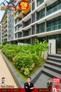 Front of a modern apartment building with stacked balconies, landscaped garden in the foreground, and sale branding overlays like 'FOR SALE' and agent photos.