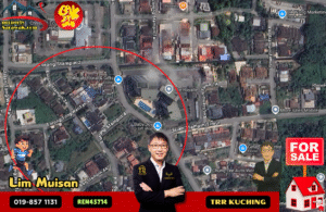 Satellite map highlighting a property area with a red circle; overlaid real estate branding, a man in a suit cutout, cartoon figures, and a 'FOR SALE' sign.