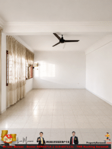 Bright, empty living room with white walls, beige tiled floor, large windows with lace curtains, and a black ceiling fan; sunlight streaming in.