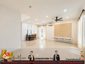 Bright open-plan living and dining room with a wall-mounted wooden TV panel, ceiling fan, and large windows with cream curtains.