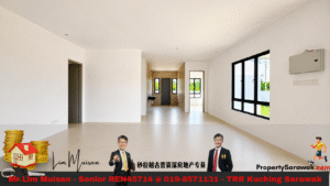 Bright, empty living area with white walls, beige tiled floor, large black-framed windows on the right, and a doorway to the left; back area shows a small sink and a dark door. Bottom advertising banner with two men, text, and logo.