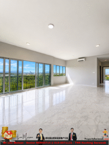 Bright empty living room with large floor-to-ceiling windows and a balcony, overlooking a green landscape and blue sky; marble floor reflects light.