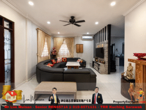 Spacious living room with a black curved sectional sofa around a marble coffee table, beige curtains, and a wall-mounted TV unit.
