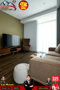 Modern living room with a TV on a wooden console, brown armchair, beige sofa, and a small coffee table by a large window with sheer curtains; ads border the image.