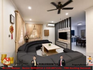 Living room with a dark gray curved sectional sofa around a light marble coffee table, a wall-mounted TV on a striped black-gray feature wall, and beige curtains with a potted plant in the corner. A ceiling fan is above and a dining area is visible in the background.