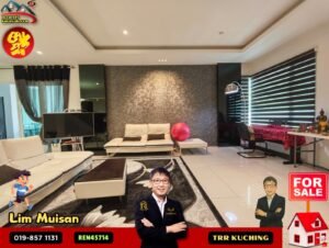 Modern living room interior with white sofas, a textured accent wall, and large window blinds; a bold 'For Sale' banner and agent images overlay the scene.