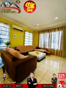 Bright yellow living room with brown sectional sofa, white coffee table, large windows with sheer curtains, and tiled floor — for sale property.