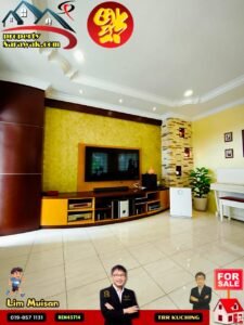 Modern living room with a wall-mounted TV, yellow accent wall, stone column, and sale advertisement overlays.