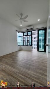 Empty modern living room with wood floors, a white ceiling fan, recessed lights, and large windows with a balcony door.