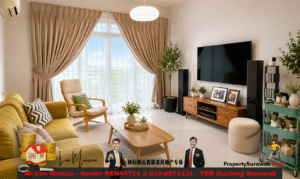 Bright living room with a mustard-yellow sofa, beige curtains, and large windows letting in natural light, plus a wooden coffee table and TV wall unit.