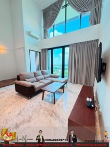 Modern living room with an L-shaped beige sofa, wooden coffee table, marble floor, wall-mounted TV, and large windows with gray curtains showing a city view.